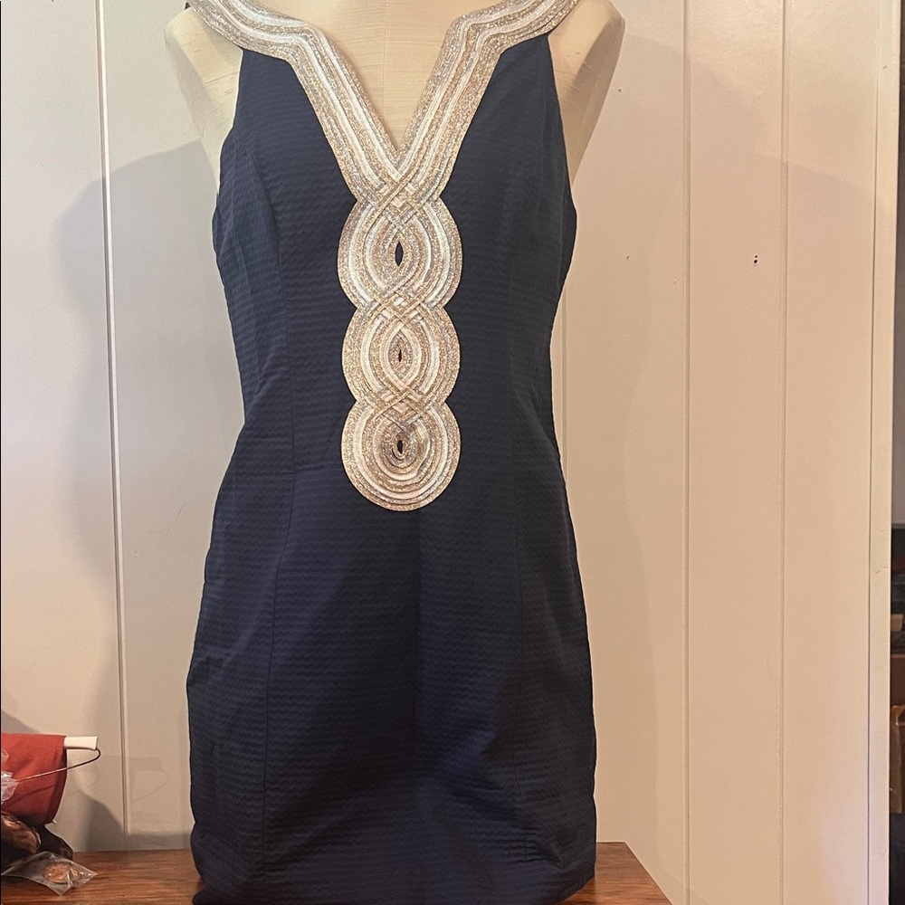 Lilly Pulitzer Elegant Navy Blue Dress with Silver Accents
